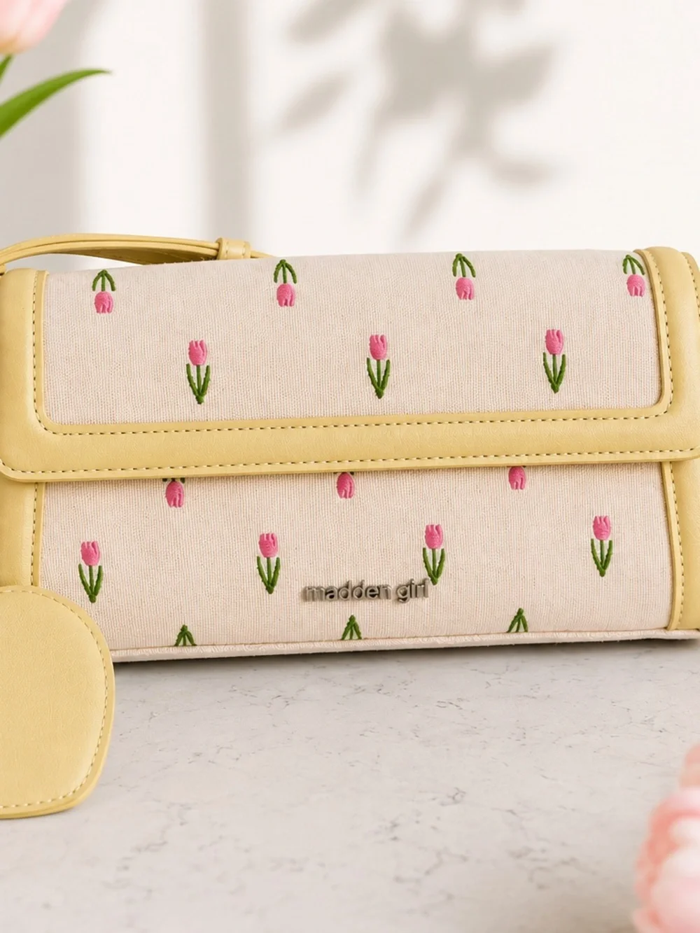 Madden Girl Yellow & Pink Tulip Embroidered Crossbody Bag